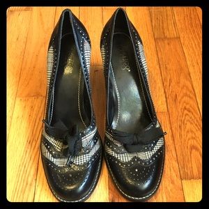 Franco Sarto Black/White Plaid Wingtip-Style Pumps